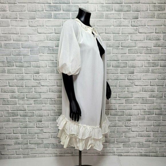 Vintage 70s Sheer Ivory Nylon Robe Ruffle Trim Puff Short Sleeve Tie Collar - Picture 5 of 10